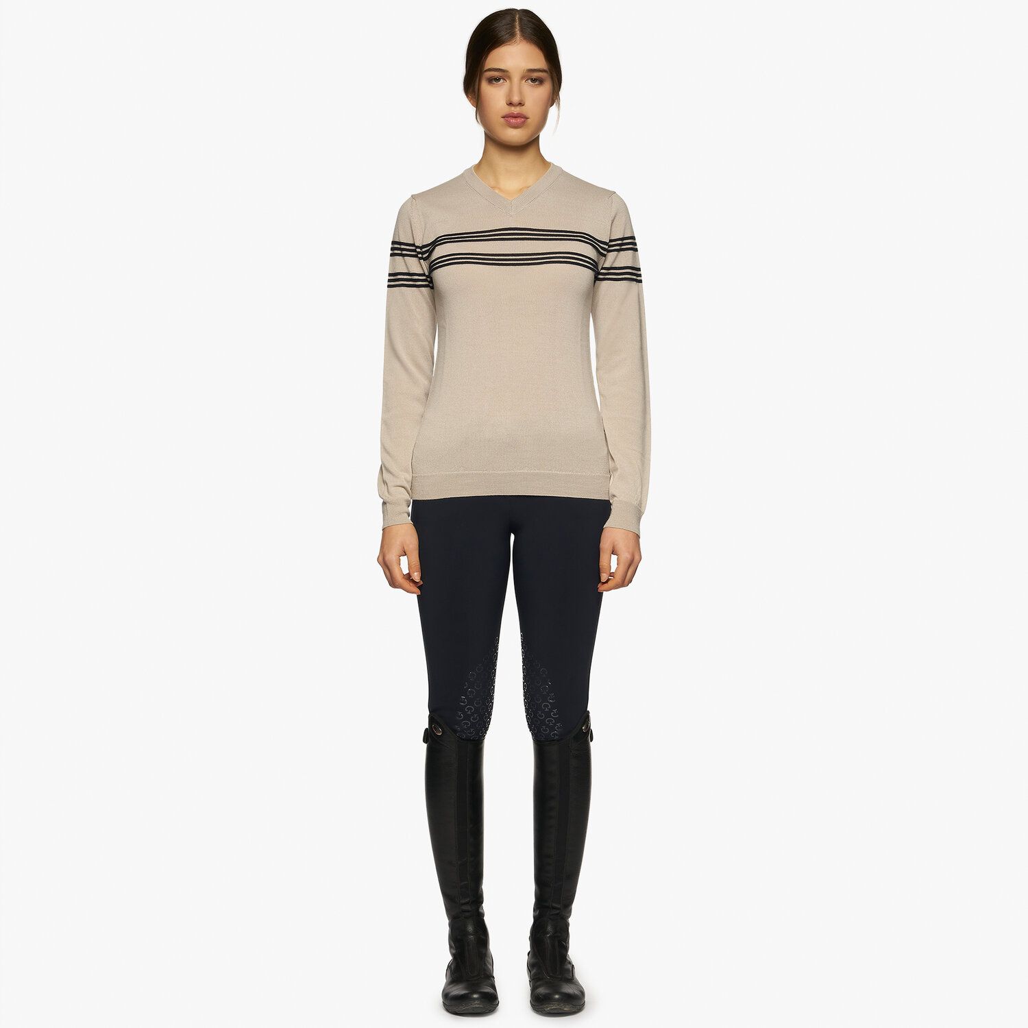 여자니트_Merinos Blend V-Neck Striped Knit Sweater_DIRTY WHITE